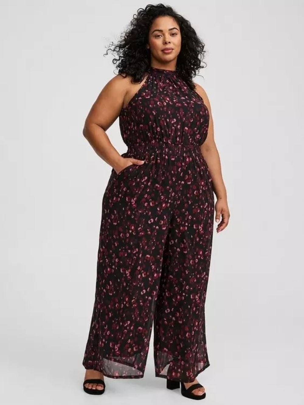 Fabulous Torrid Black Halter-Neck Printed Jumpsuit with Pink Accent